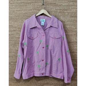 Quacker Factory Jacket Women Plus Size 1X Gingham Palm Tree Embroidered Button